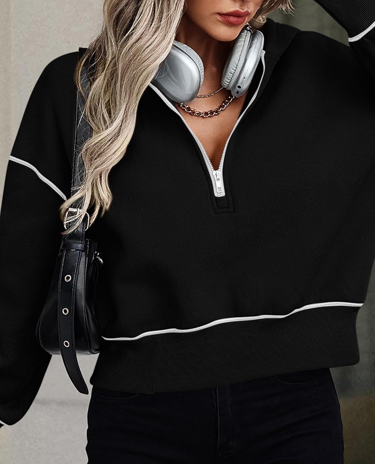 image:imagePRETTYGARDEN Womens Fall Half Zip Cropped Hoodie SweatshirtBlack