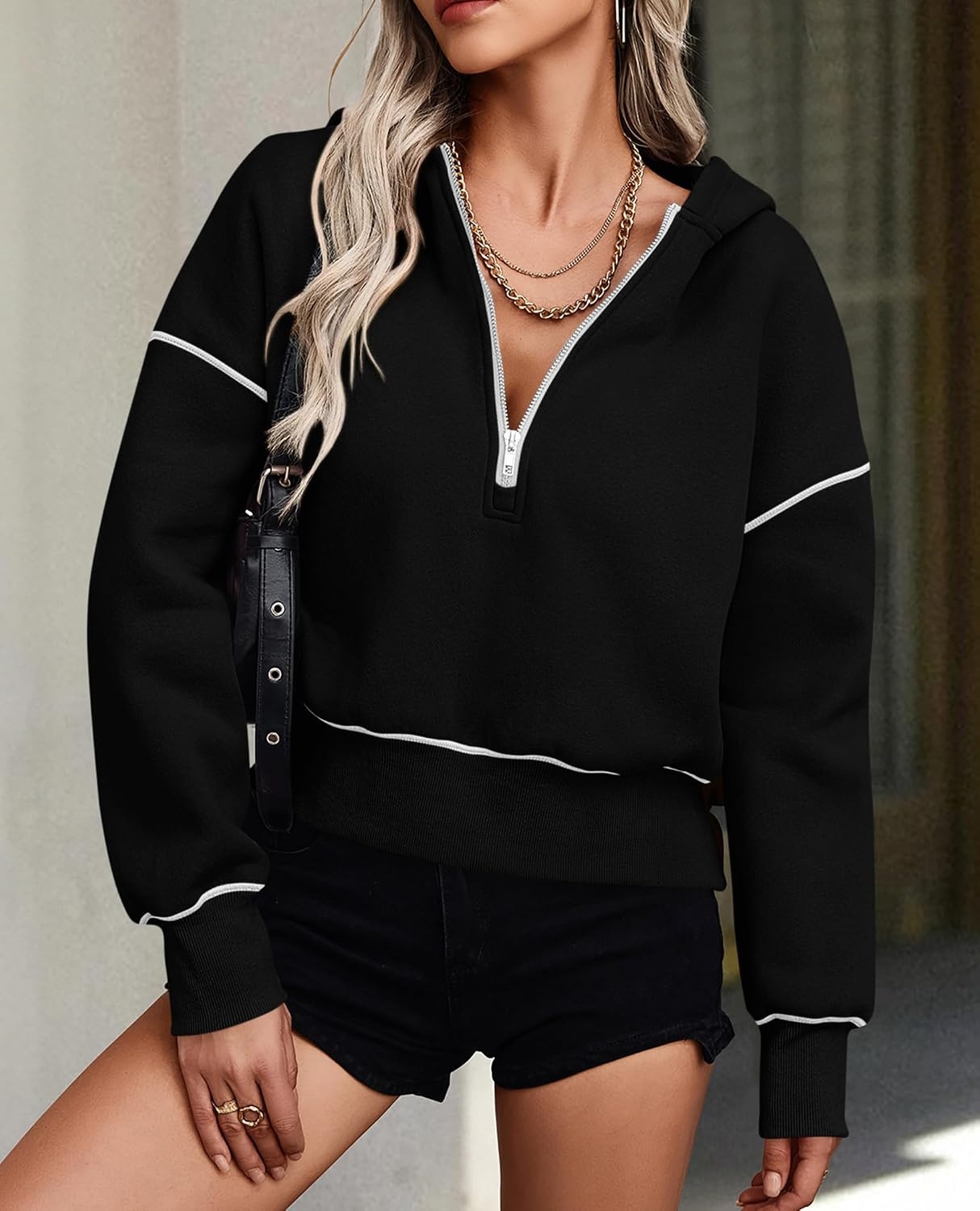 image:imagePRETTYGARDEN Womens Fall Half Zip Cropped Hoodie SweatshirtBlack