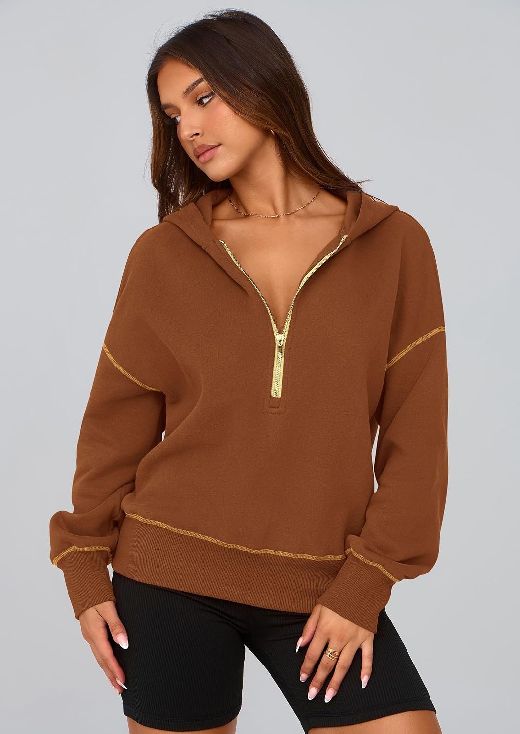 image:imagePRETTYGARDEN Womens Fall Half Zip Cropped Hoodie SweatshirtCaramel