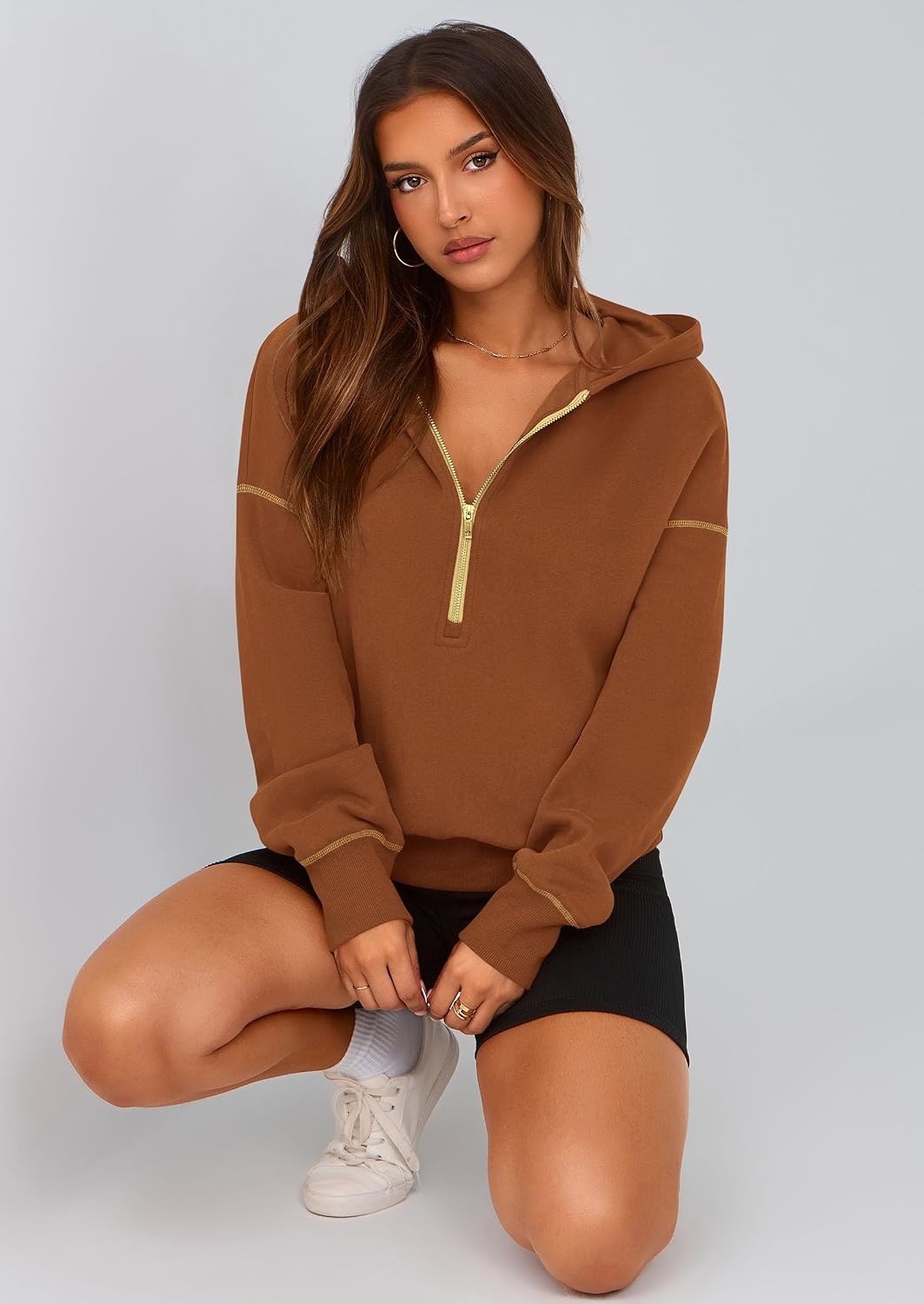 image:imagePRETTYGARDEN Womens Fall Half Zip Cropped Hoodie SweatshirtCaramel
