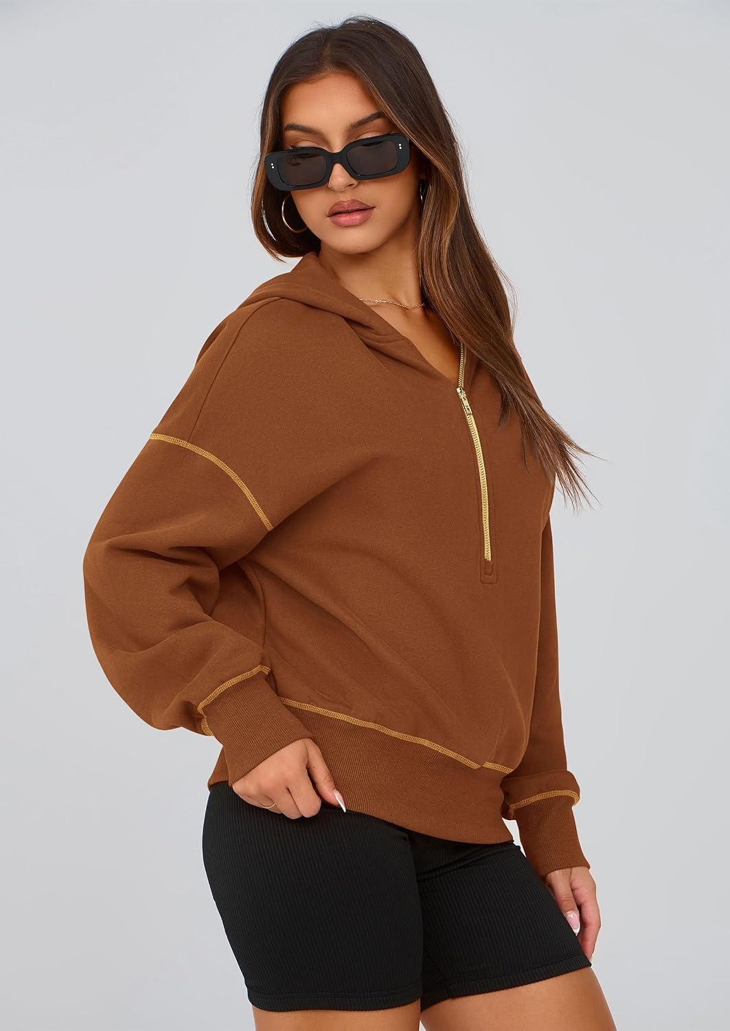 image:imagePRETTYGARDEN Womens Fall Half Zip Cropped Hoodie SweatshirtCaramel