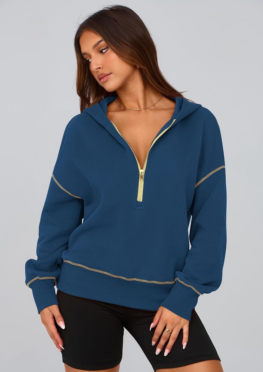 image:imagePRETTYGARDEN Womens Fall Half Zip Cropped Hoodie SweatshirtDark Blue