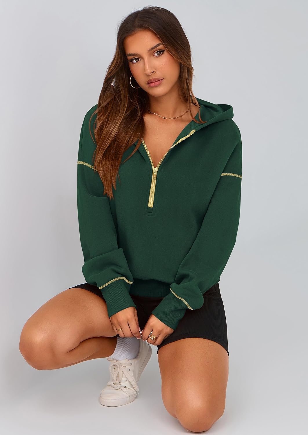 image:imagePRETTYGARDEN Womens Fall Half Zip Cropped Hoodie SweatshirtDark Green
