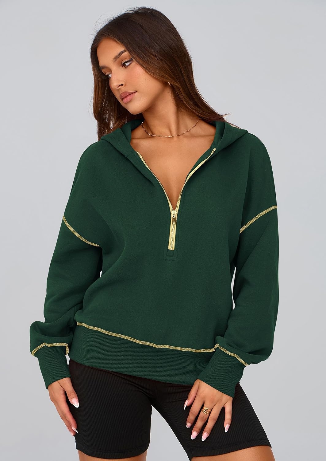 image:imagePRETTYGARDEN Womens Fall Half Zip Cropped Hoodie SweatshirtDark Green