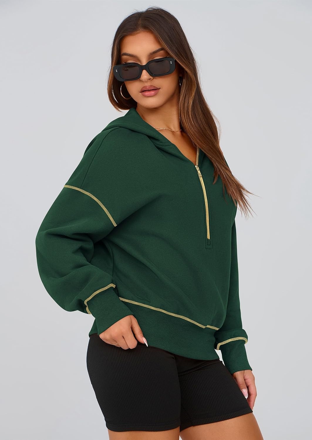 image:imagePRETTYGARDEN Womens Fall Half Zip Cropped Hoodie SweatshirtDark Green
