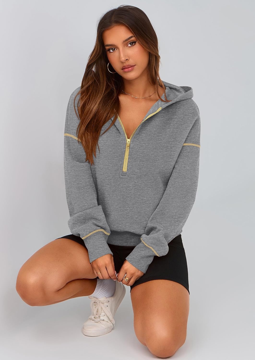 image:imagePRETTYGARDEN Womens Fall Half Zip Cropped Hoodie SweatshirtDark Grey