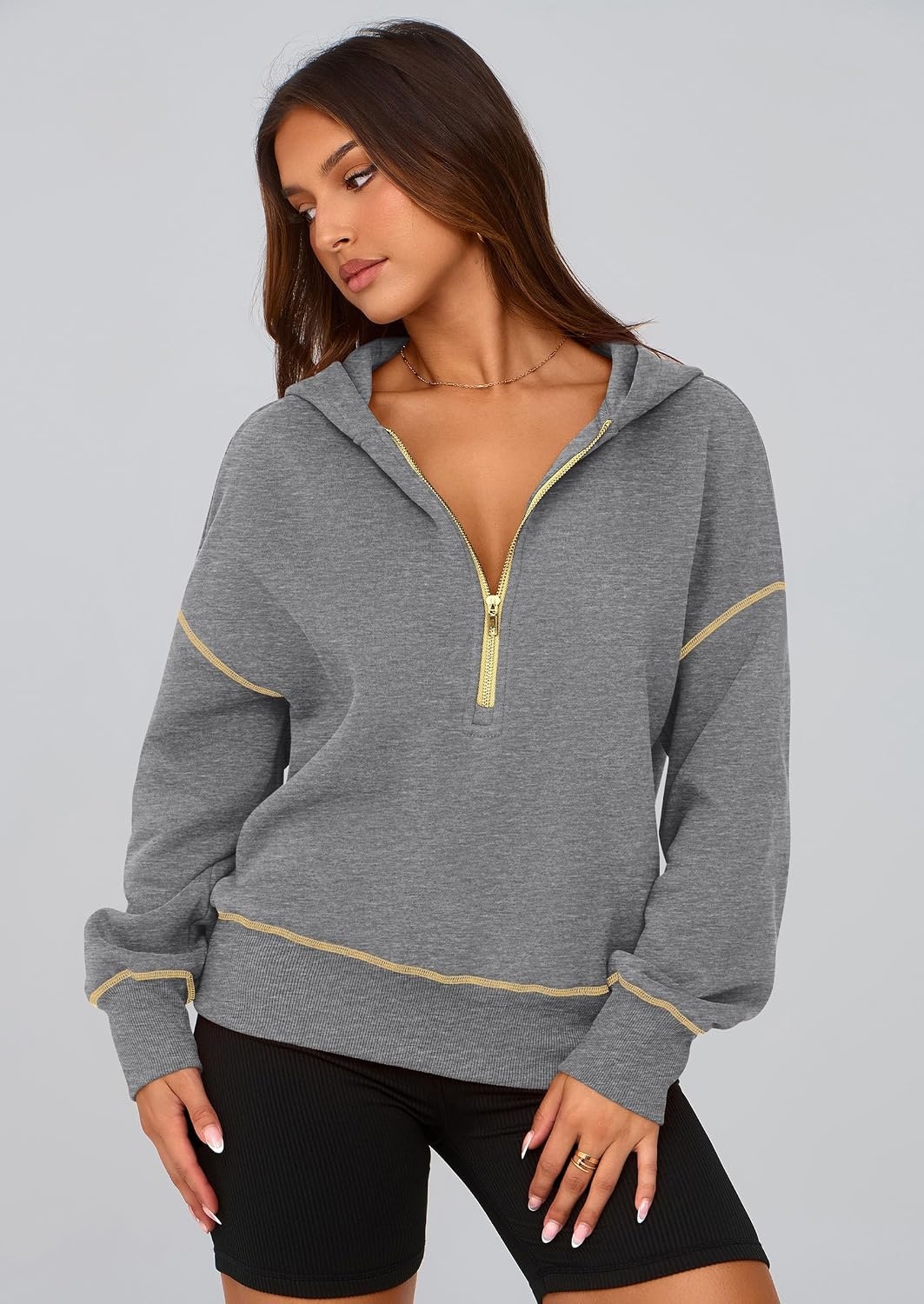 image:imagePRETTYGARDEN Womens Fall Half Zip Cropped Hoodie SweatshirtDark Grey