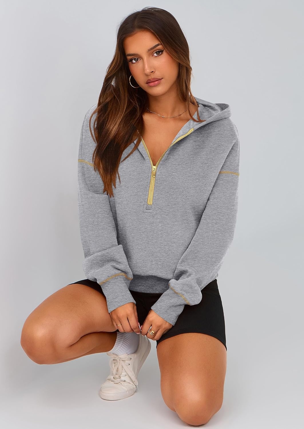 image:imagePRETTYGARDEN Womens Fall Half Zip Cropped Hoodie SweatshirtGrey