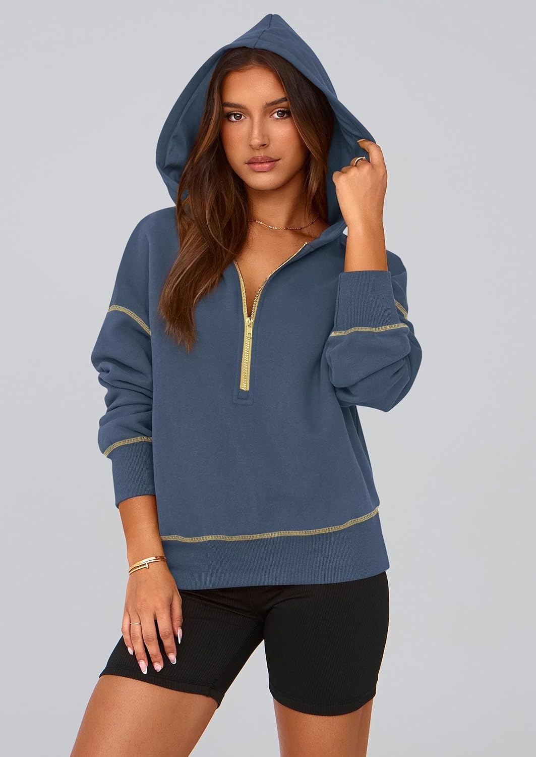 image:imagePRETTYGARDEN Womens Fall Half Zip Cropped Hoodie SweatshirtGrey Blue
