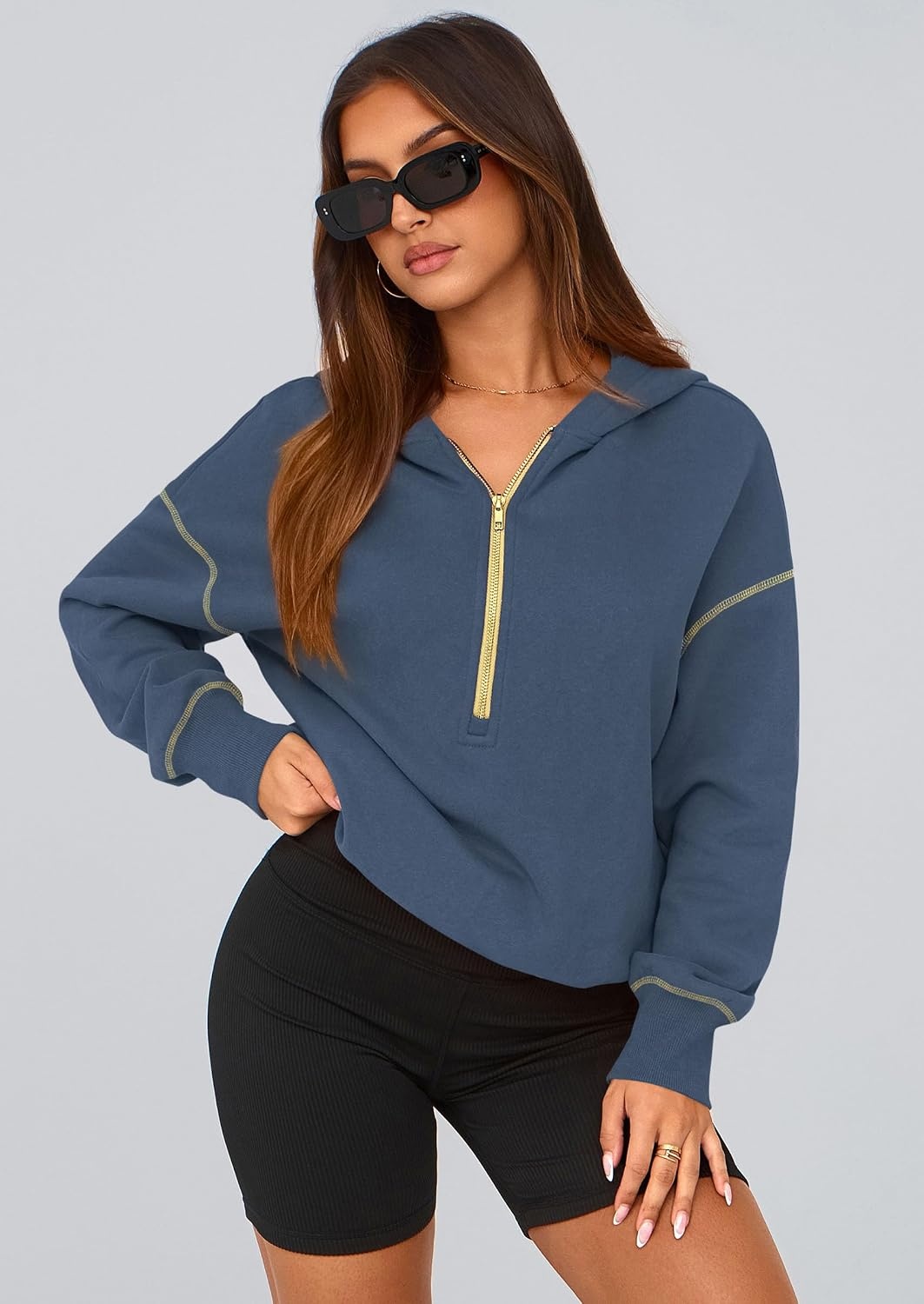 image:imagePRETTYGARDEN Womens Fall Half Zip Cropped Hoodie SweatshirtGrey Blue