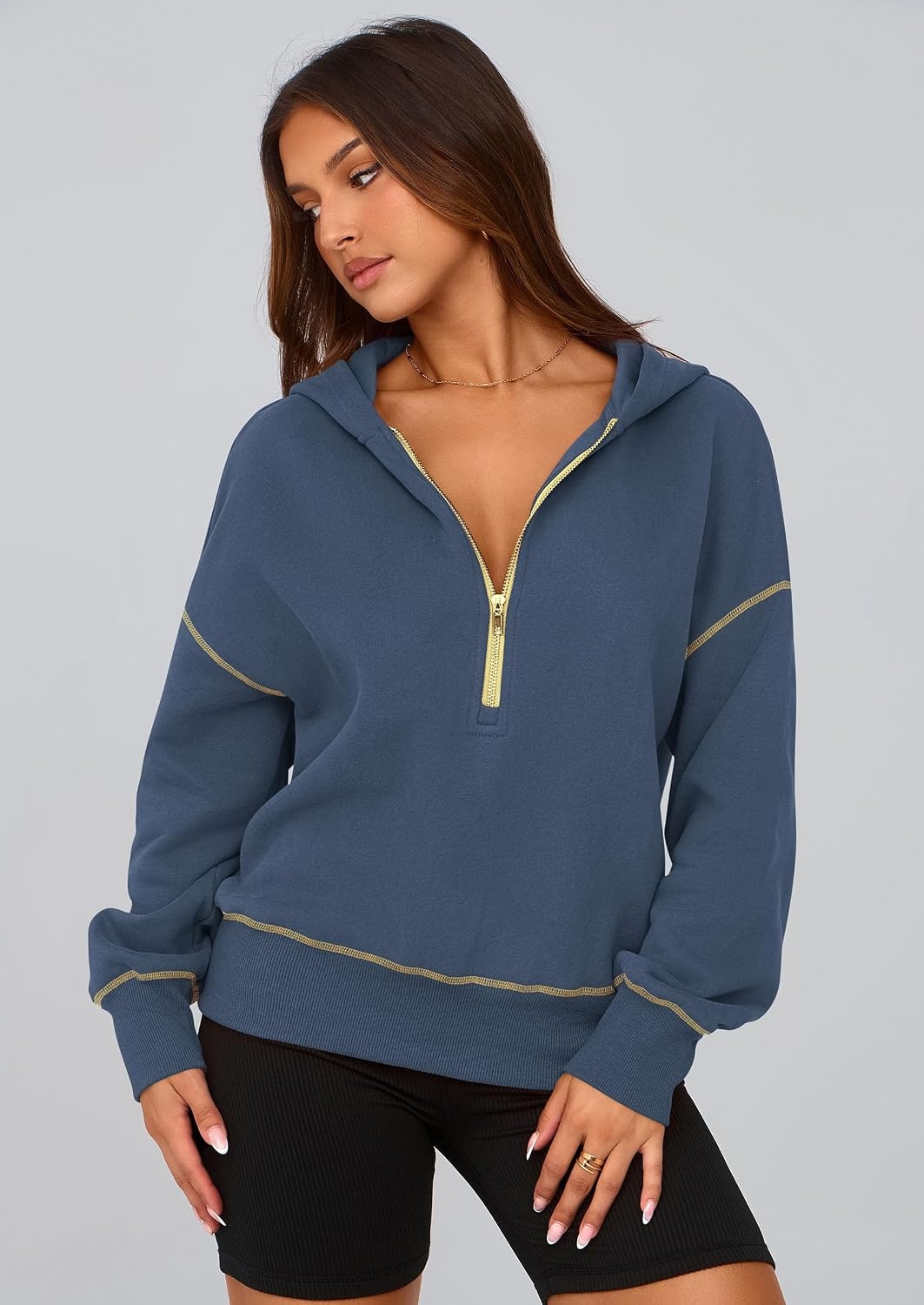 image:imagePRETTYGARDEN Womens Fall Half Zip Cropped Hoodie SweatshirtGrey Blue