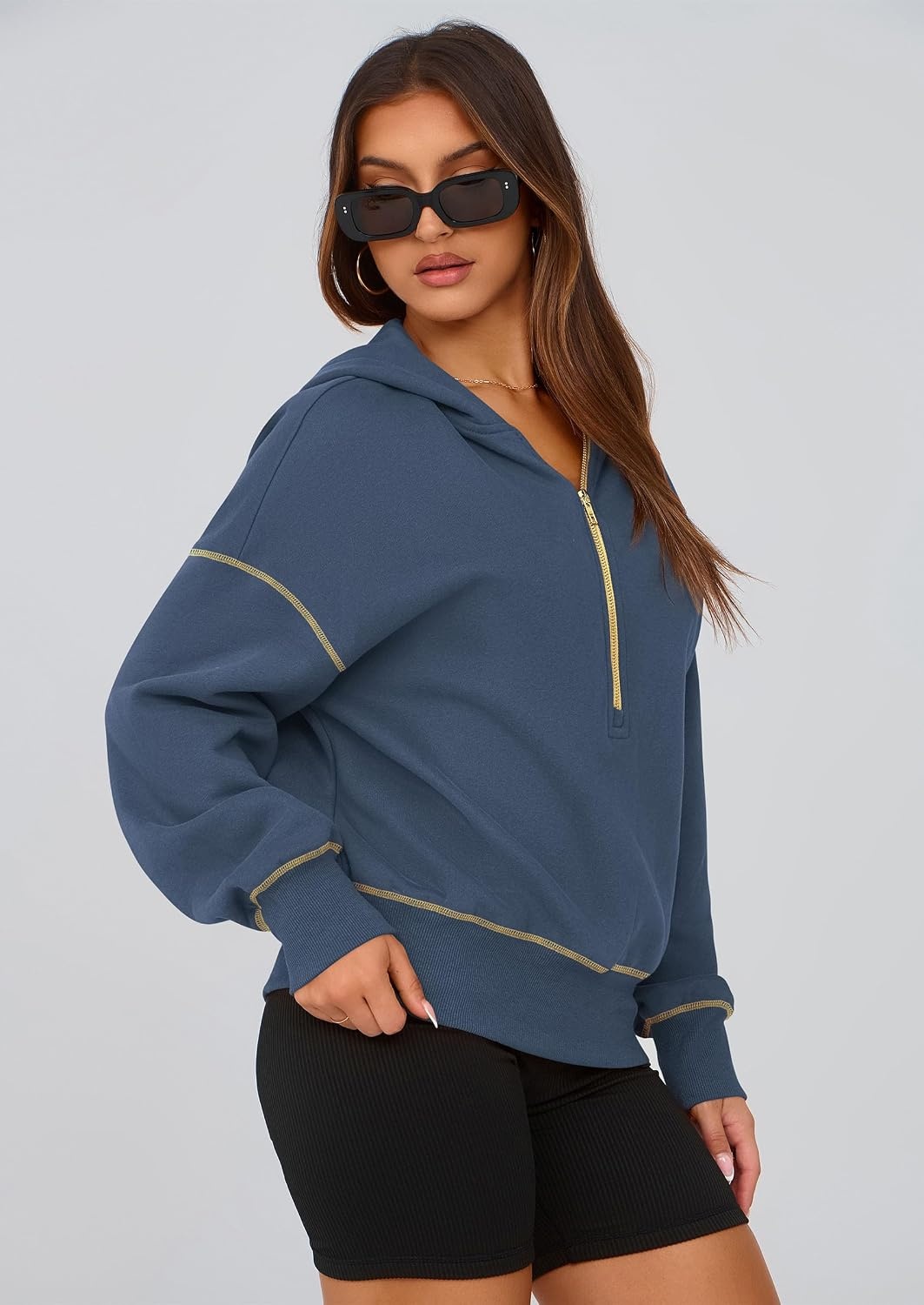 image:imagePRETTYGARDEN Womens Fall Half Zip Cropped Hoodie SweatshirtGrey Blue