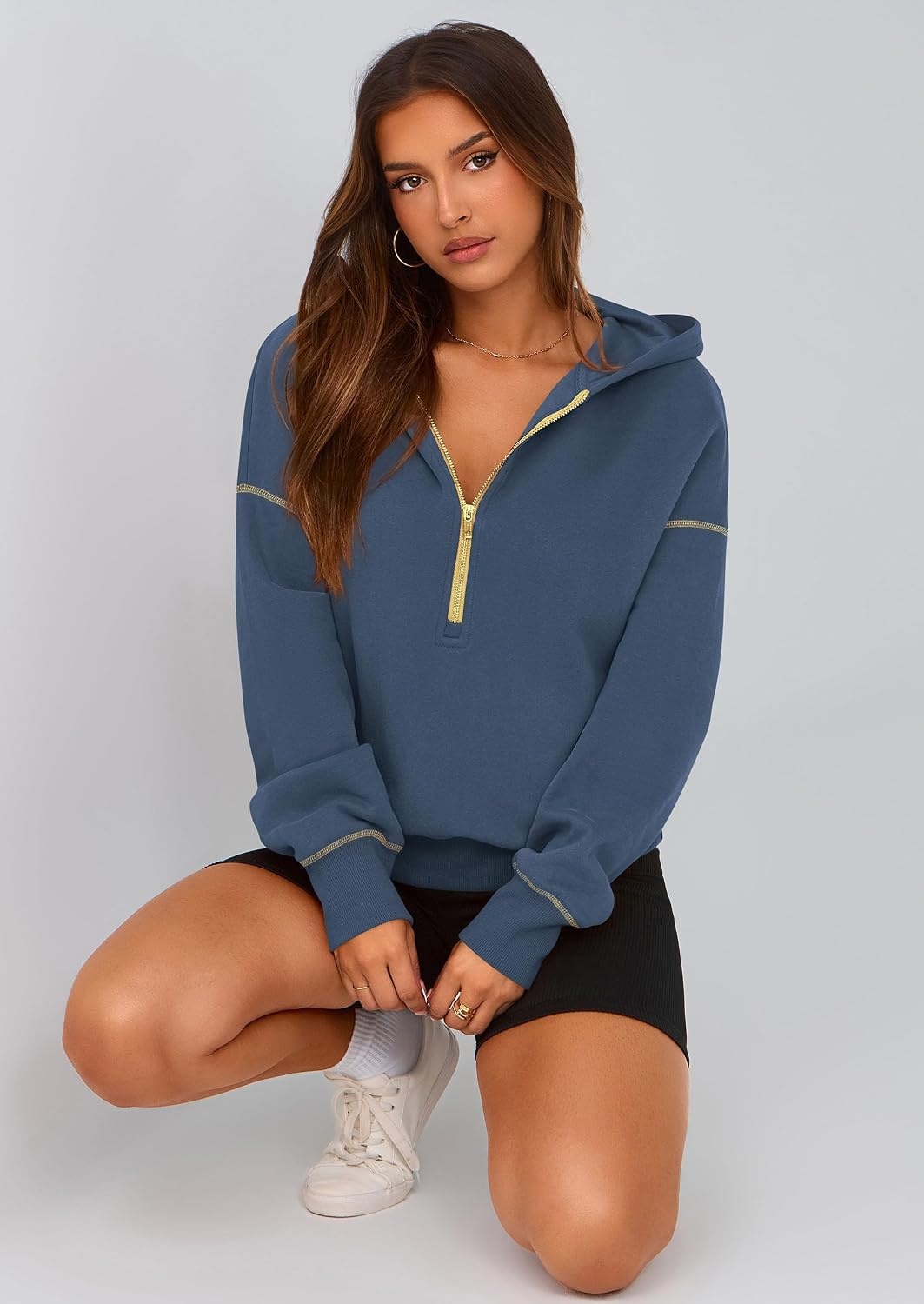 image:imagePRETTYGARDEN Womens Fall Half Zip Cropped Hoodie SweatshirtGrey Blue