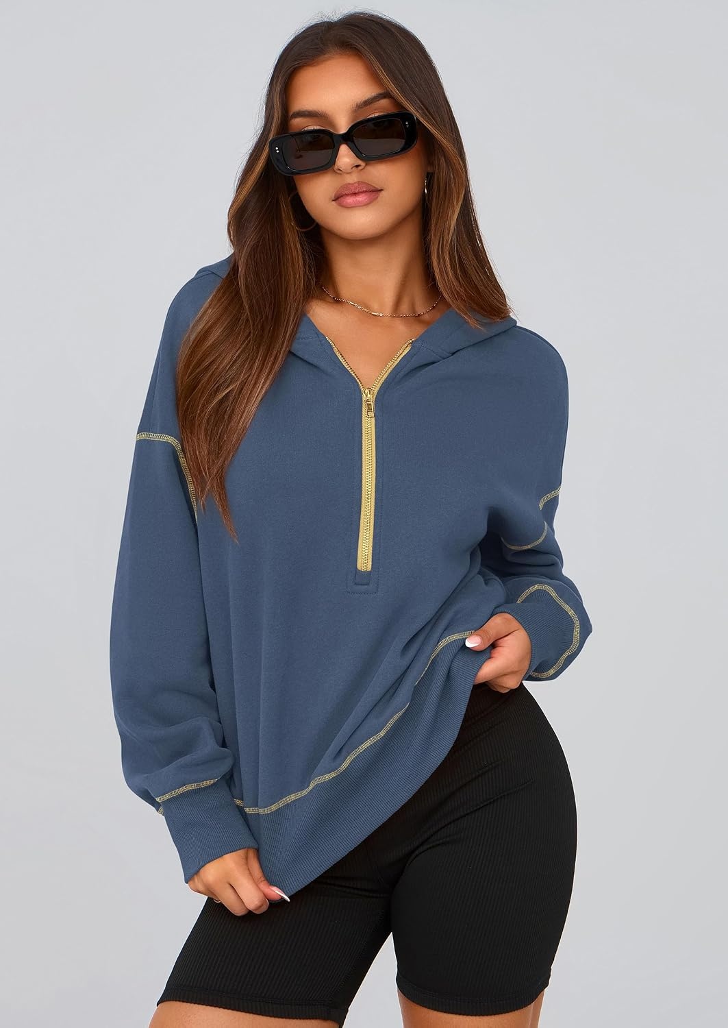 image:imagePRETTYGARDEN Womens Fall Half Zip Cropped Hoodie SweatshirtGrey Blue