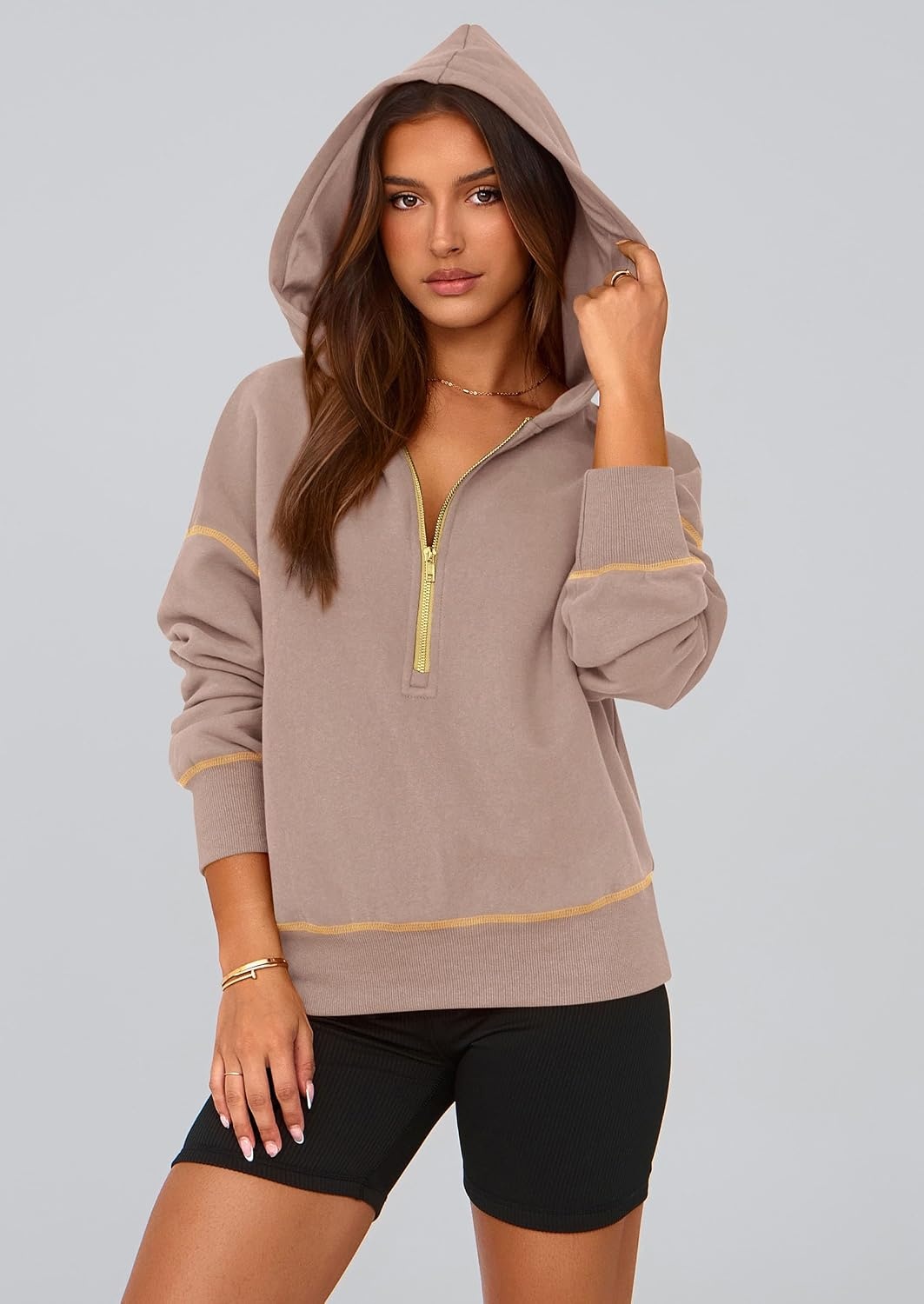 image:imagePRETTYGARDEN Womens Fall Half Zip Cropped Hoodie SweatshirtKhaki