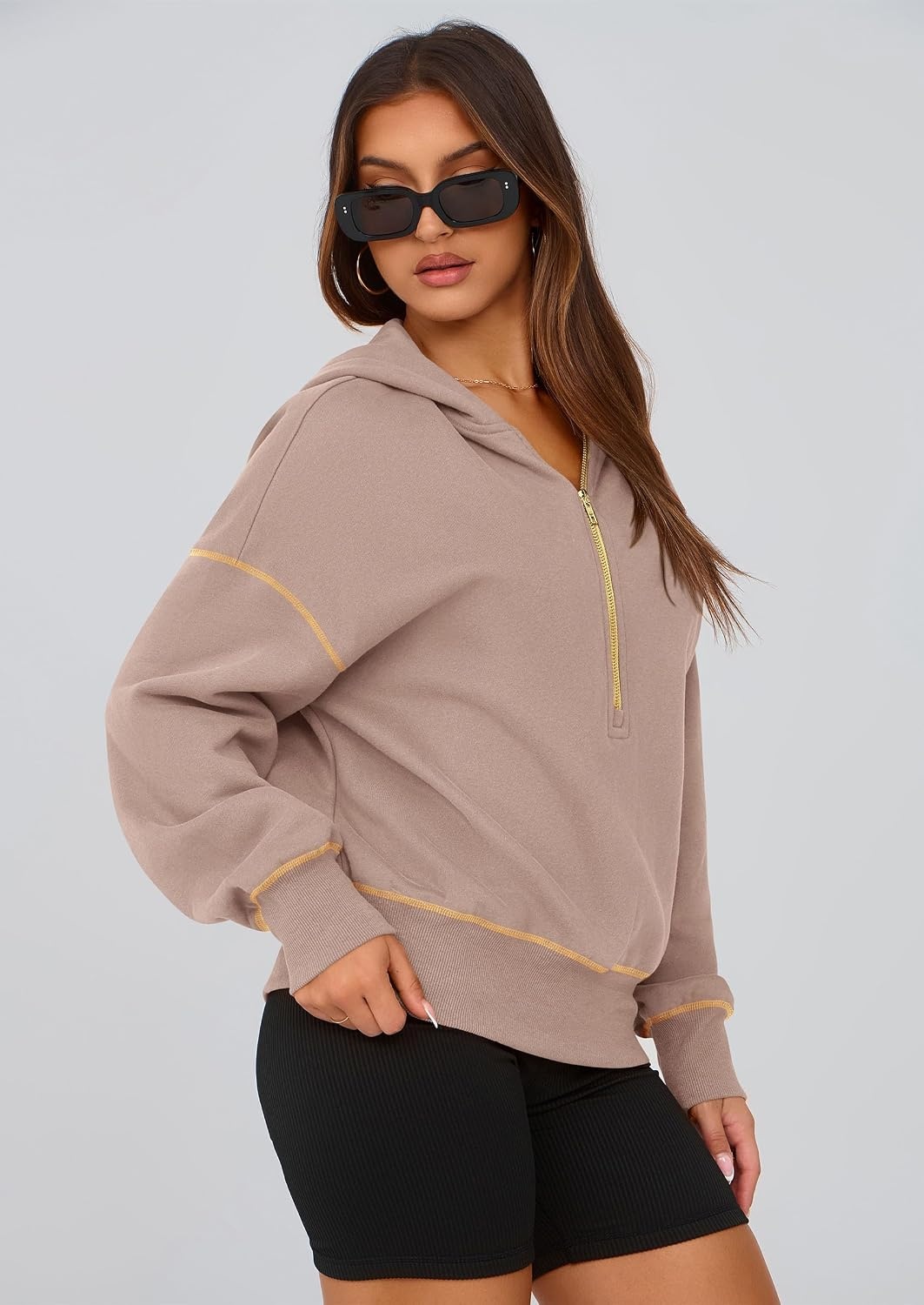 image:imagePRETTYGARDEN Womens Fall Half Zip Cropped Hoodie SweatshirtKhaki