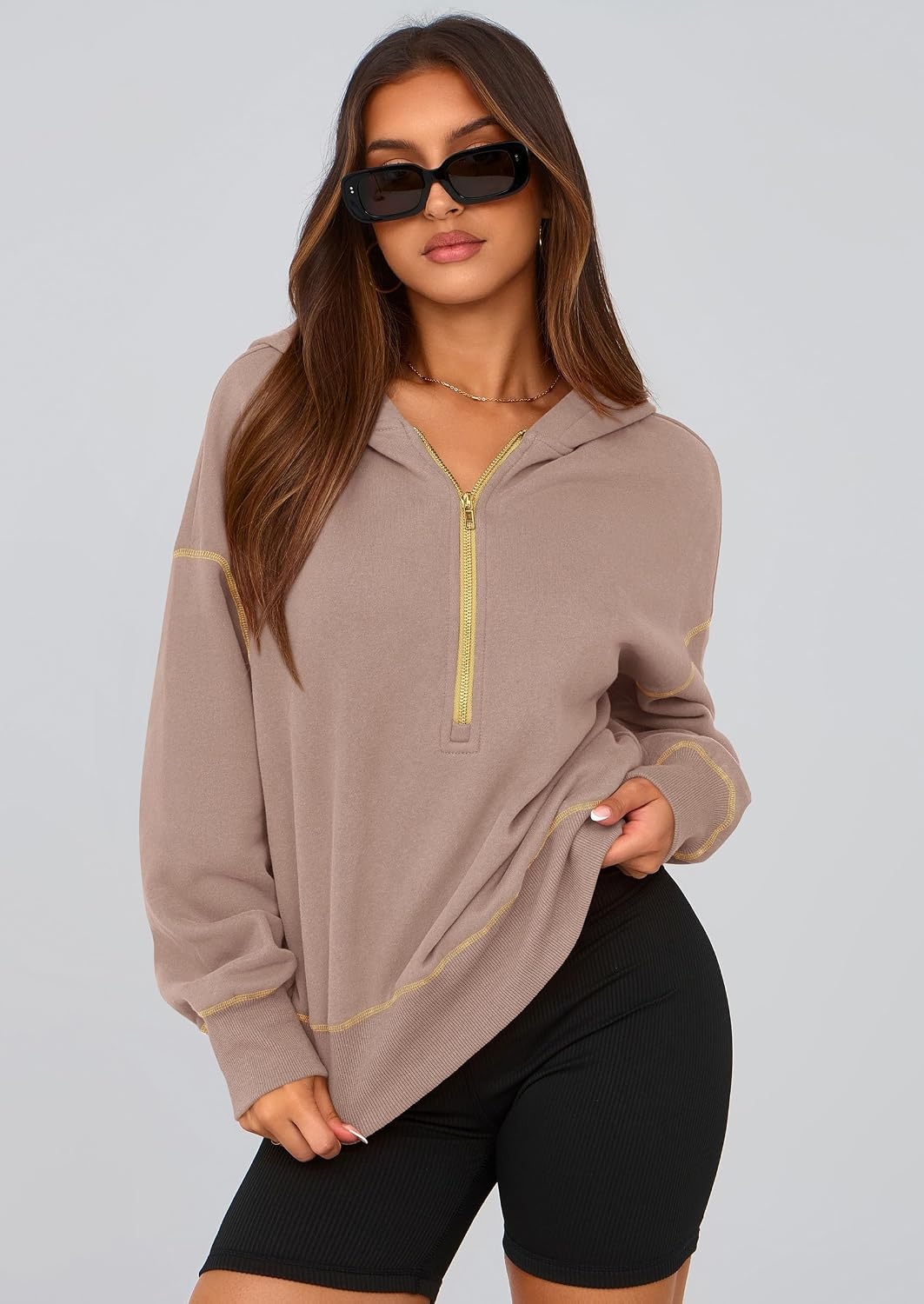 image:imagePRETTYGARDEN Womens Fall Half Zip Cropped Hoodie SweatshirtKhaki