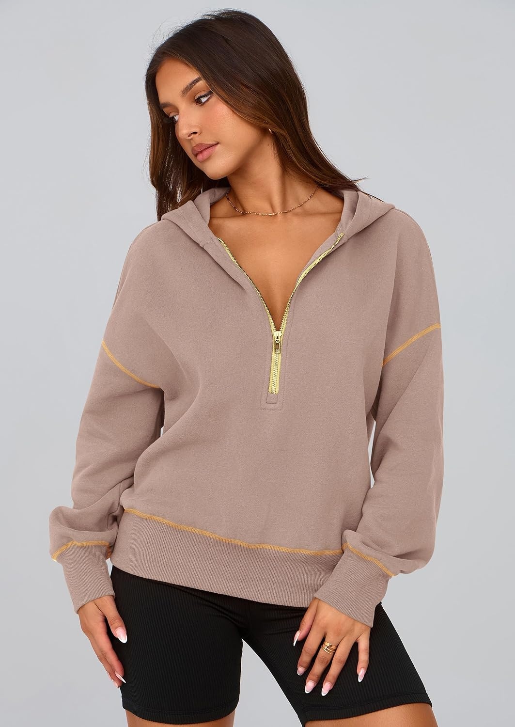 image:imagePRETTYGARDEN Womens Fall Half Zip Cropped Hoodie SweatshirtKhaki
