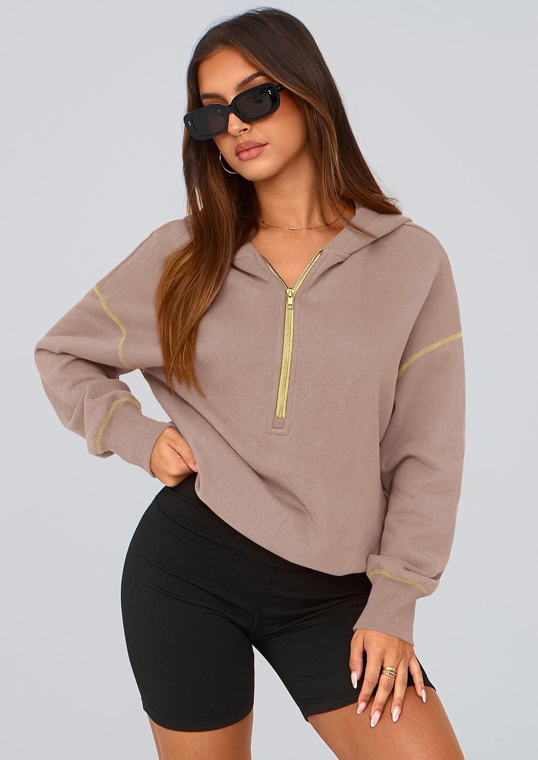 image:imagePRETTYGARDEN Womens Fall Half Zip Cropped Hoodie SweatshirtKhaki