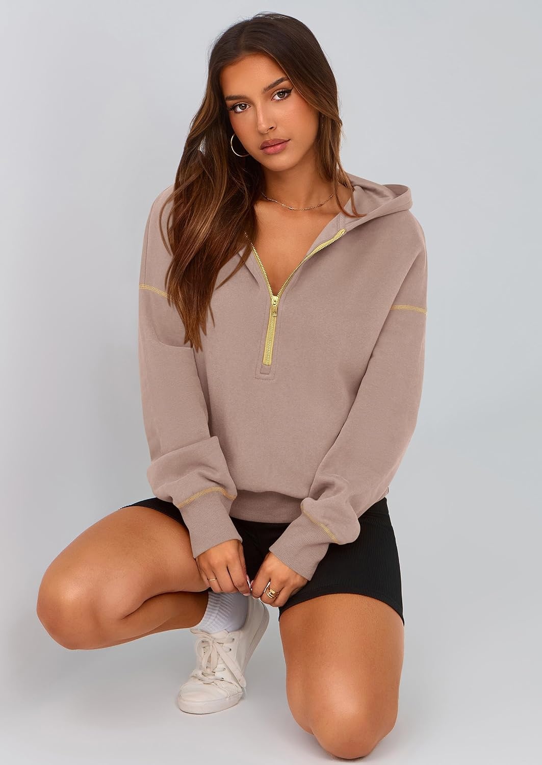 image:imagePRETTYGARDEN Womens Fall Half Zip Cropped Hoodie SweatshirtKhaki