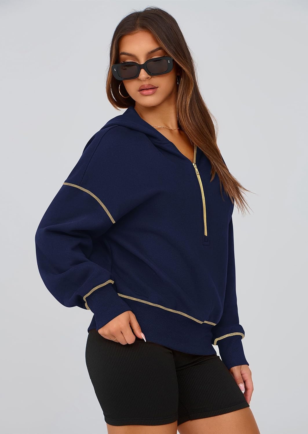 image:imagePRETTYGARDEN Womens Fall Half Zip Cropped Hoodie SweatshirtNavy Blue