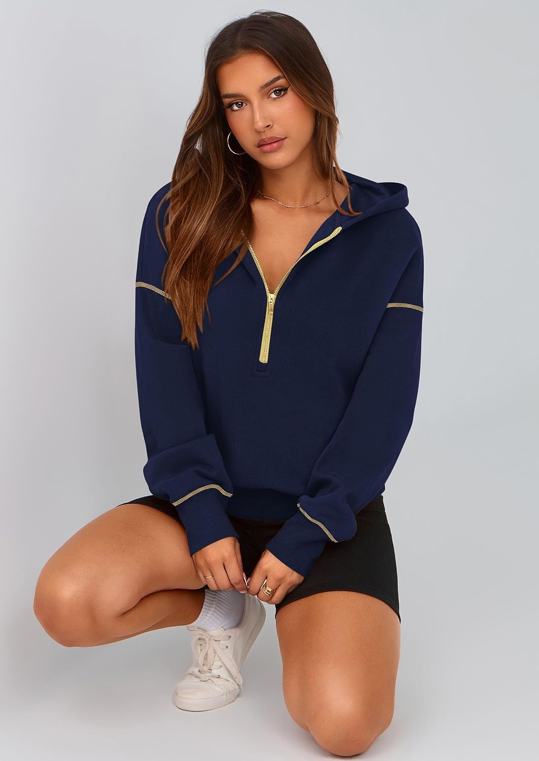 image:imagePRETTYGARDEN Womens Fall Half Zip Cropped Hoodie SweatshirtNavy Blue