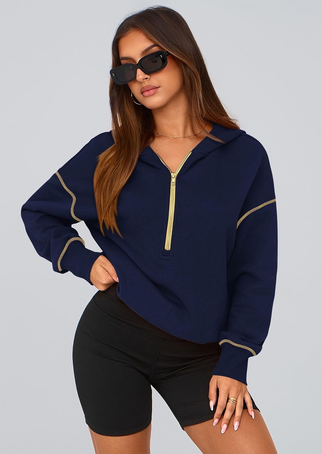 image:imagePRETTYGARDEN Womens Fall Half Zip Cropped Hoodie SweatshirtNavy Blue