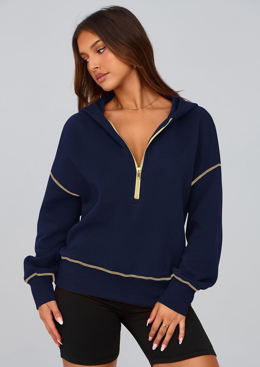 image:imagePRETTYGARDEN Womens Fall Half Zip Cropped Hoodie SweatshirtNavy Blue