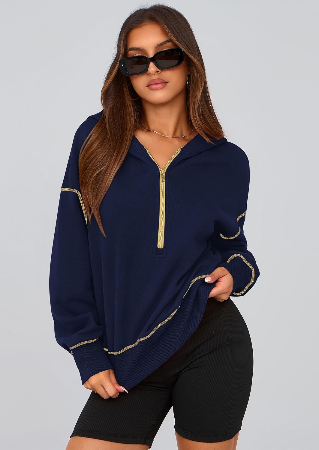 image:imagePRETTYGARDEN Womens Fall Half Zip Cropped Hoodie SweatshirtNavy Blue