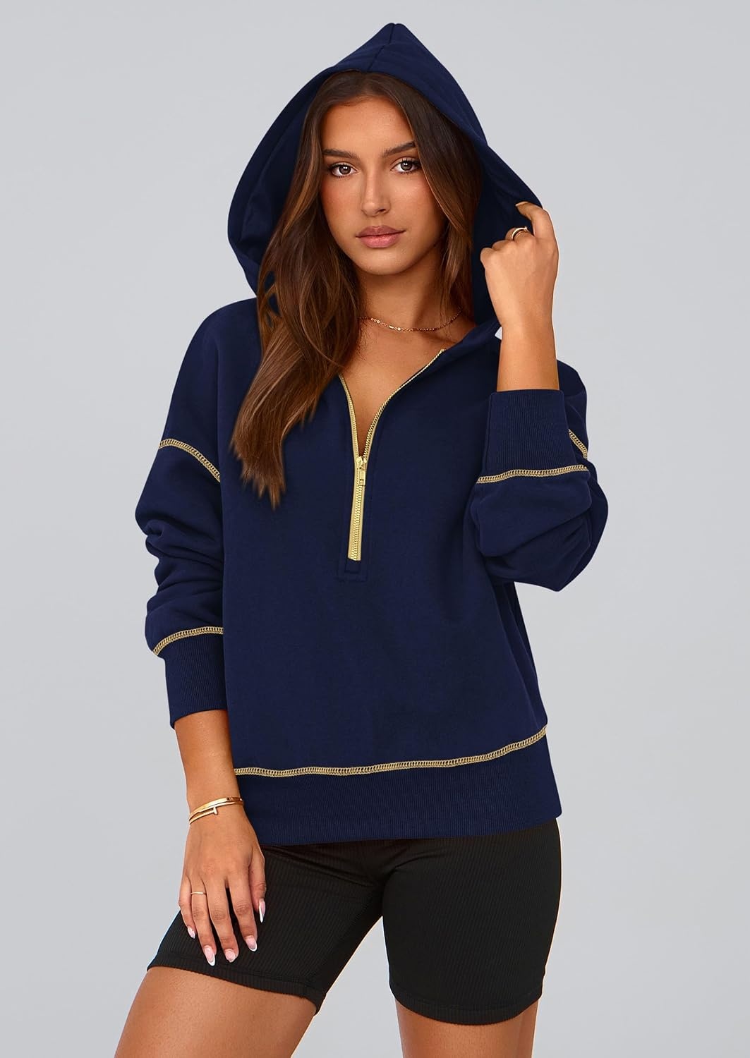image:imagePRETTYGARDEN Womens Fall Half Zip Cropped Hoodie SweatshirtNavy Blue
