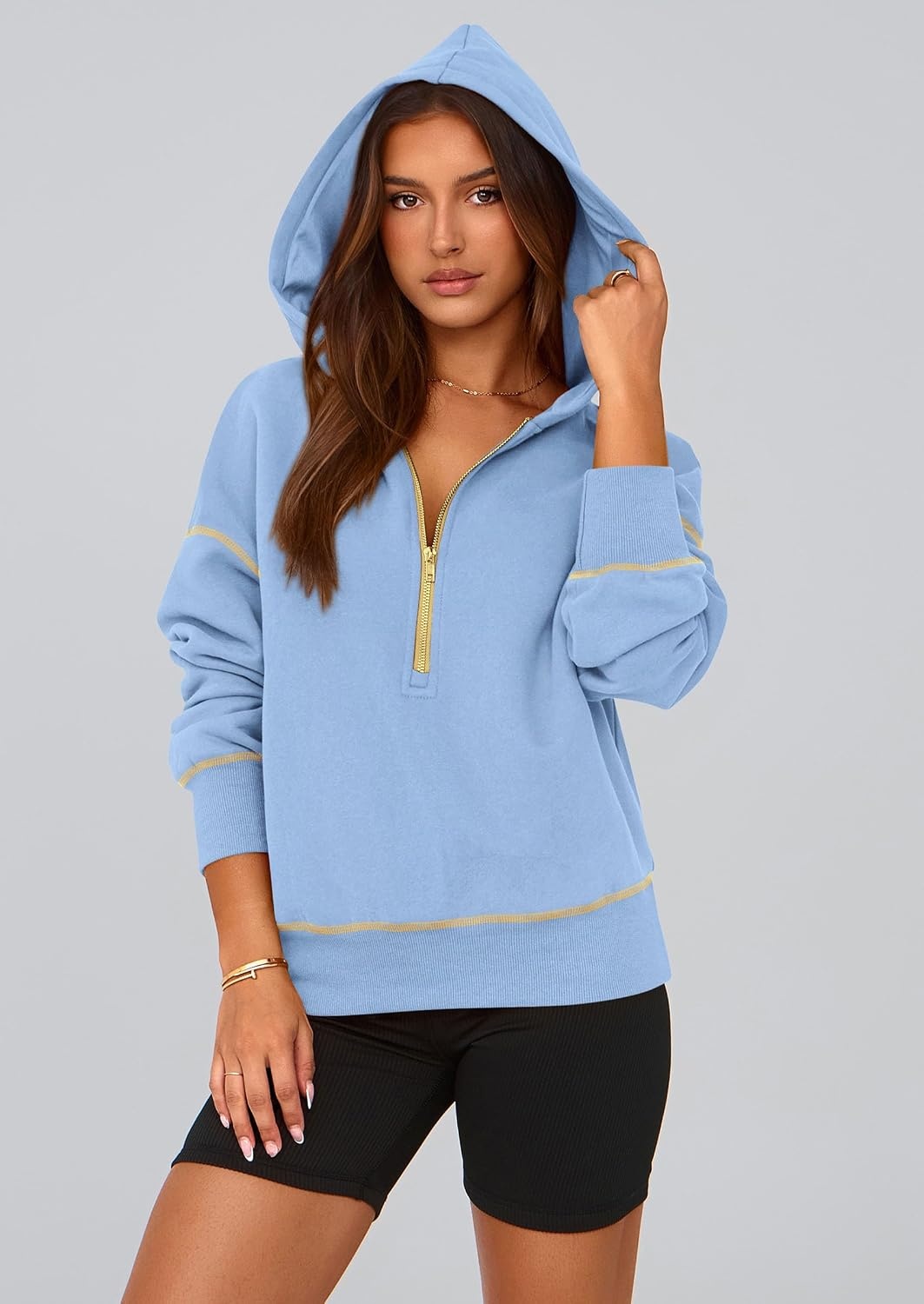 image:imagePRETTYGARDEN Womens Fall Half Zip Cropped Hoodie SweatshirtSky Blue