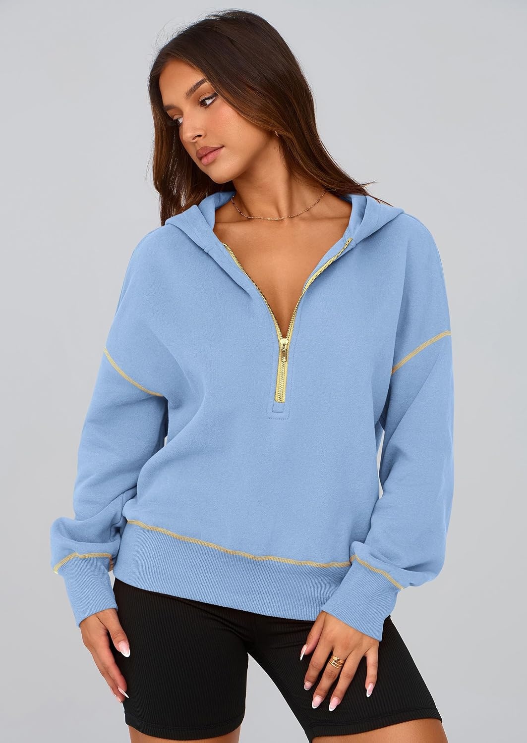 image:imagePRETTYGARDEN Womens Fall Half Zip Cropped Hoodie SweatshirtSky Blue