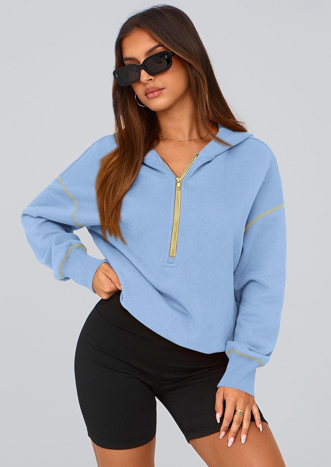 image:imagePRETTYGARDEN Womens Fall Half Zip Cropped Hoodie SweatshirtSky Blue