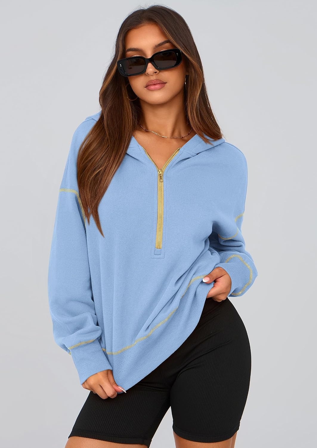 image:imagePRETTYGARDEN Womens Fall Half Zip Cropped Hoodie SweatshirtSky Blue