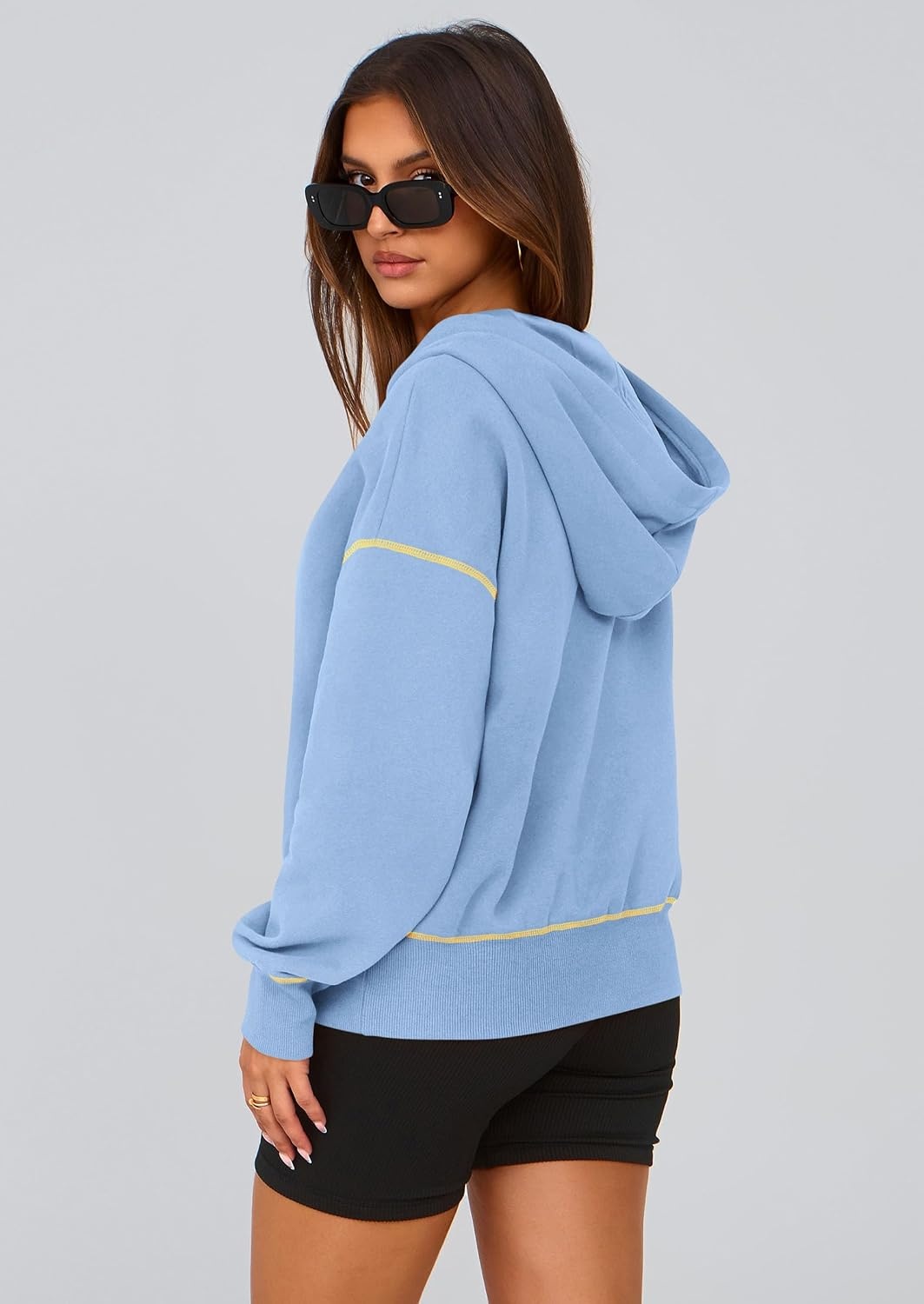 image:imagePRETTYGARDEN Womens Fall Half Zip Cropped Hoodie SweatshirtSky Blue