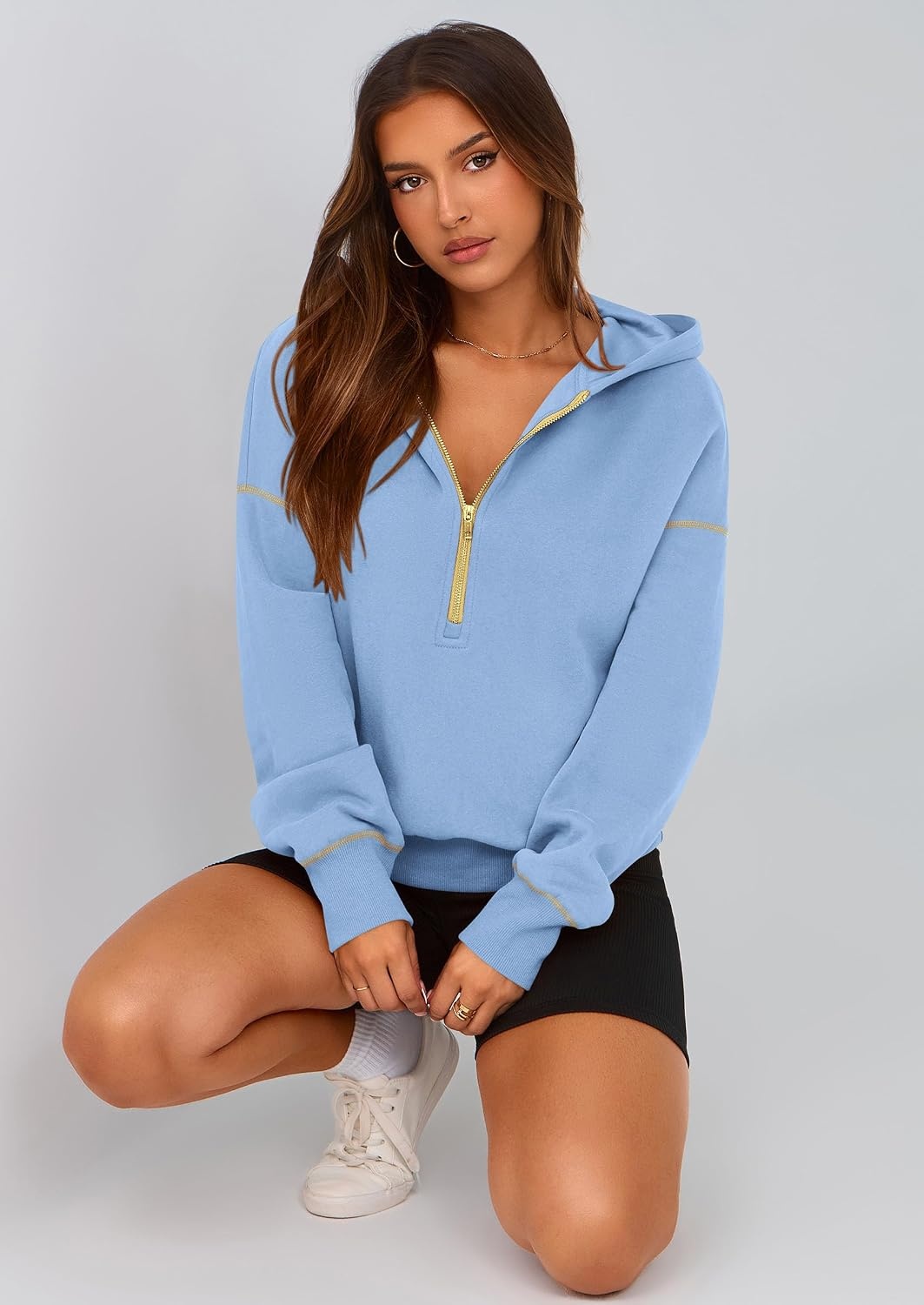 image:imagePRETTYGARDEN Womens Fall Half Zip Cropped Hoodie SweatshirtSky Blue