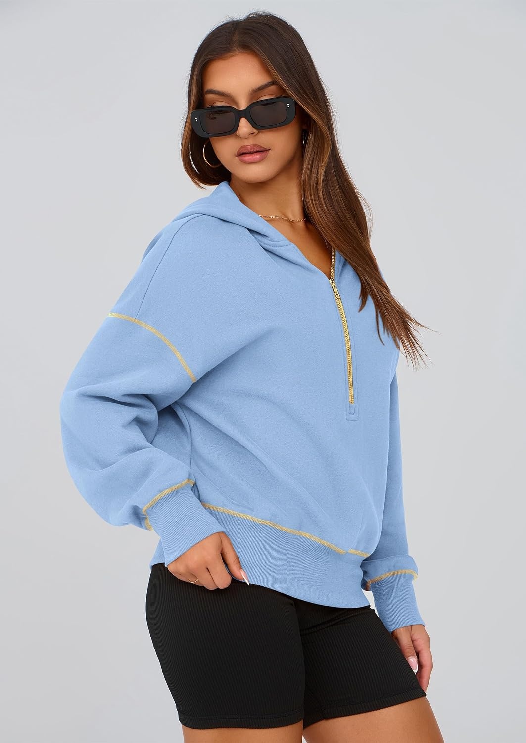 image:imagePRETTYGARDEN Womens Fall Half Zip Cropped Hoodie SweatshirtSky Blue