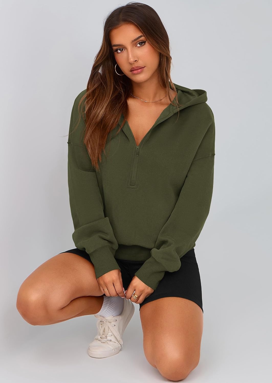image:imagePRETTYGARDEN Womens Fall Half Zip Cropped Hoodie SweatshirtStyle 3army Green