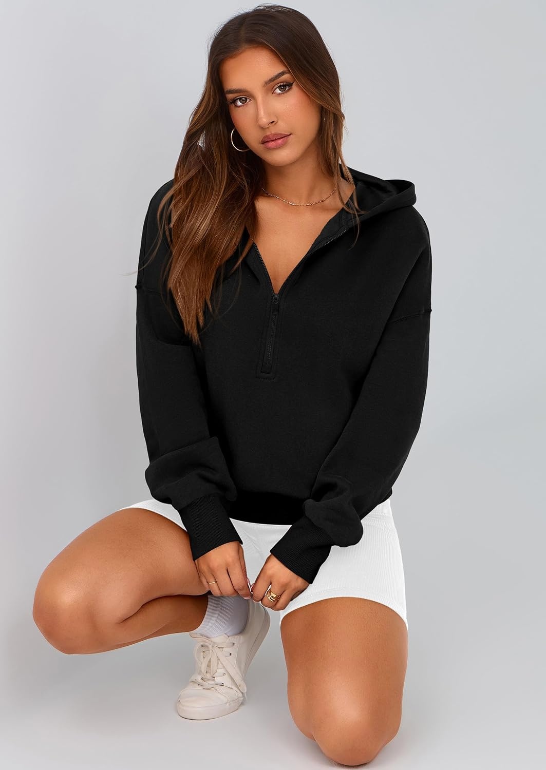 image:imagePRETTYGARDEN Womens Fall Half Zip Cropped Hoodie SweatshirtStyle 3black