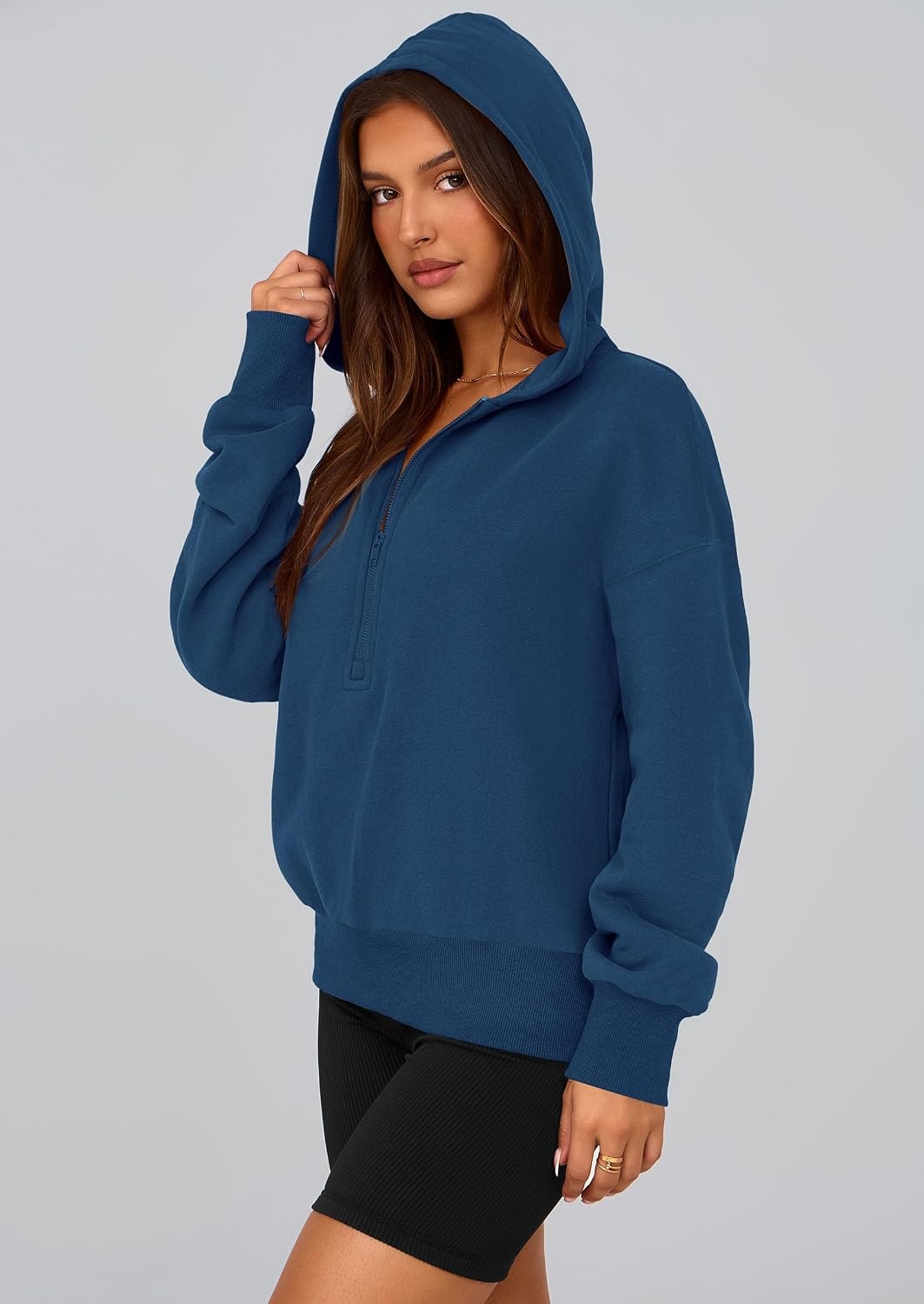 image:imagePRETTYGARDEN Womens Fall Half Zip Cropped Hoodie SweatshirtStyle 3dark Blue