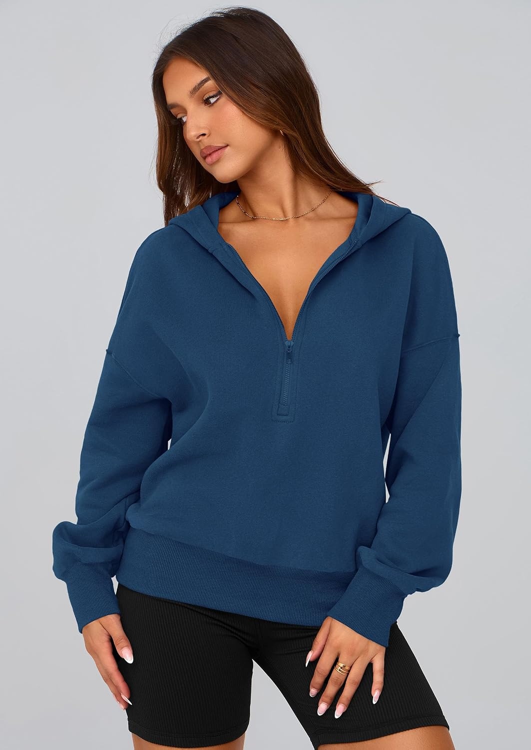 image:imagePRETTYGARDEN Womens Fall Half Zip Cropped Hoodie SweatshirtStyle 3dark Blue