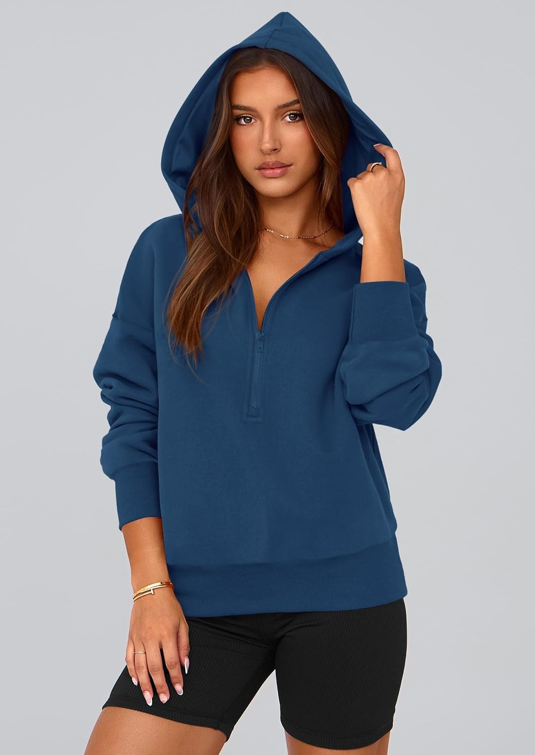 image:imagePRETTYGARDEN Womens Fall Half Zip Cropped Hoodie SweatshirtStyle 3dark Blue