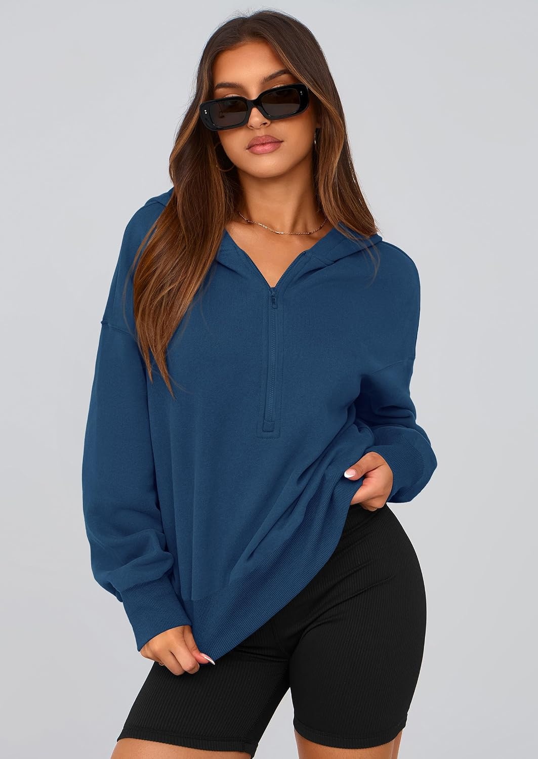 image:imagePRETTYGARDEN Womens Fall Half Zip Cropped Hoodie SweatshirtStyle 3dark Blue