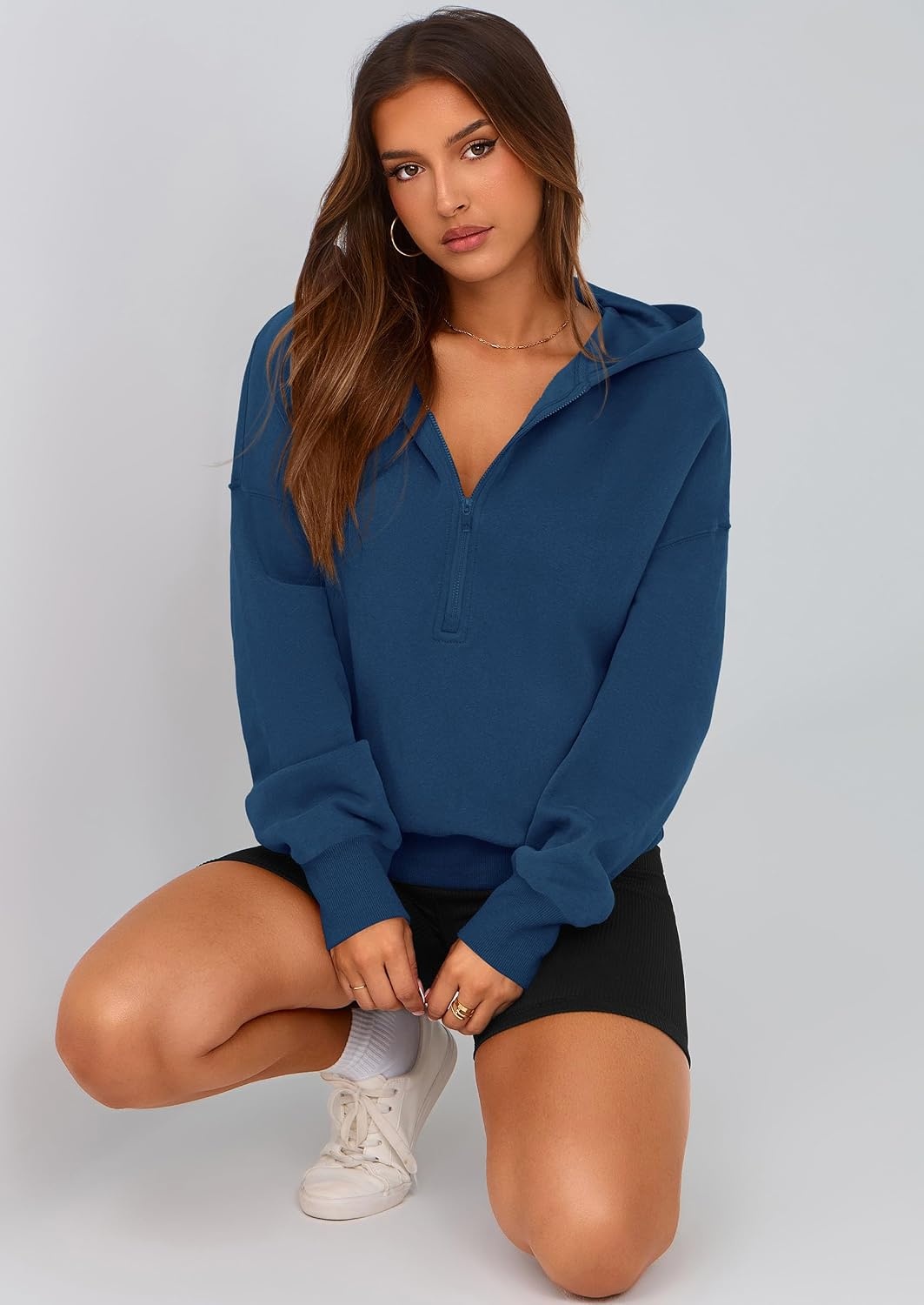 image:imagePRETTYGARDEN Womens Fall Half Zip Cropped Hoodie SweatshirtStyle 3dark Blue
