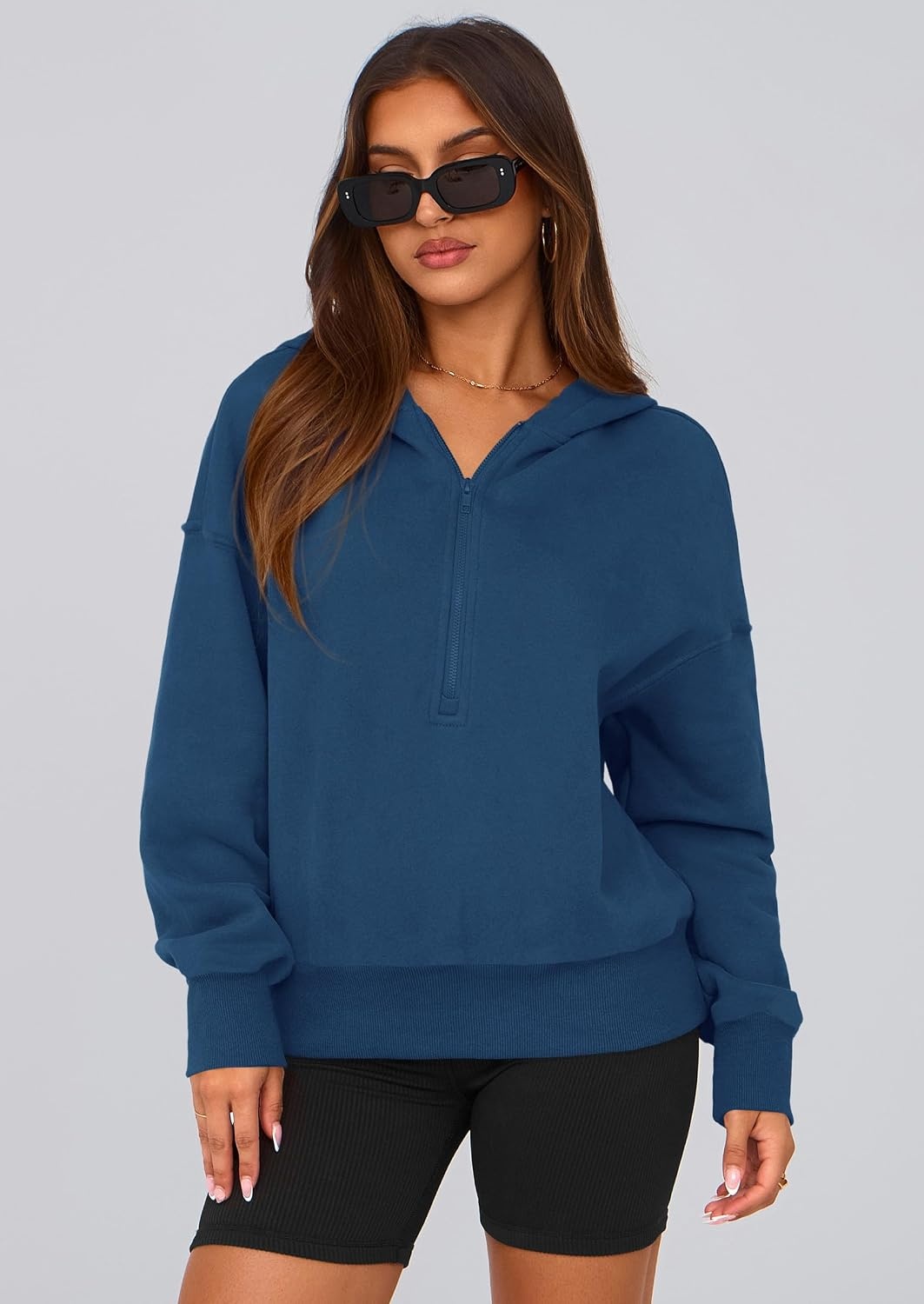 image:imagePRETTYGARDEN Womens Fall Half Zip Cropped Hoodie SweatshirtStyle 3dark Blue