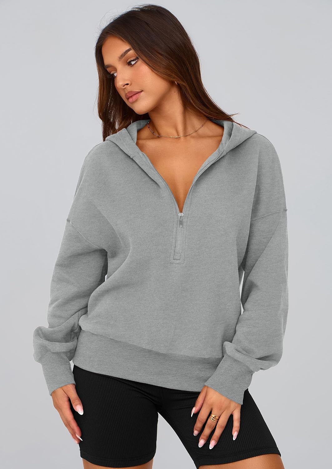 image:imagePRETTYGARDEN Womens Fall Half Zip Cropped Hoodie SweatshirtStyle 3grey