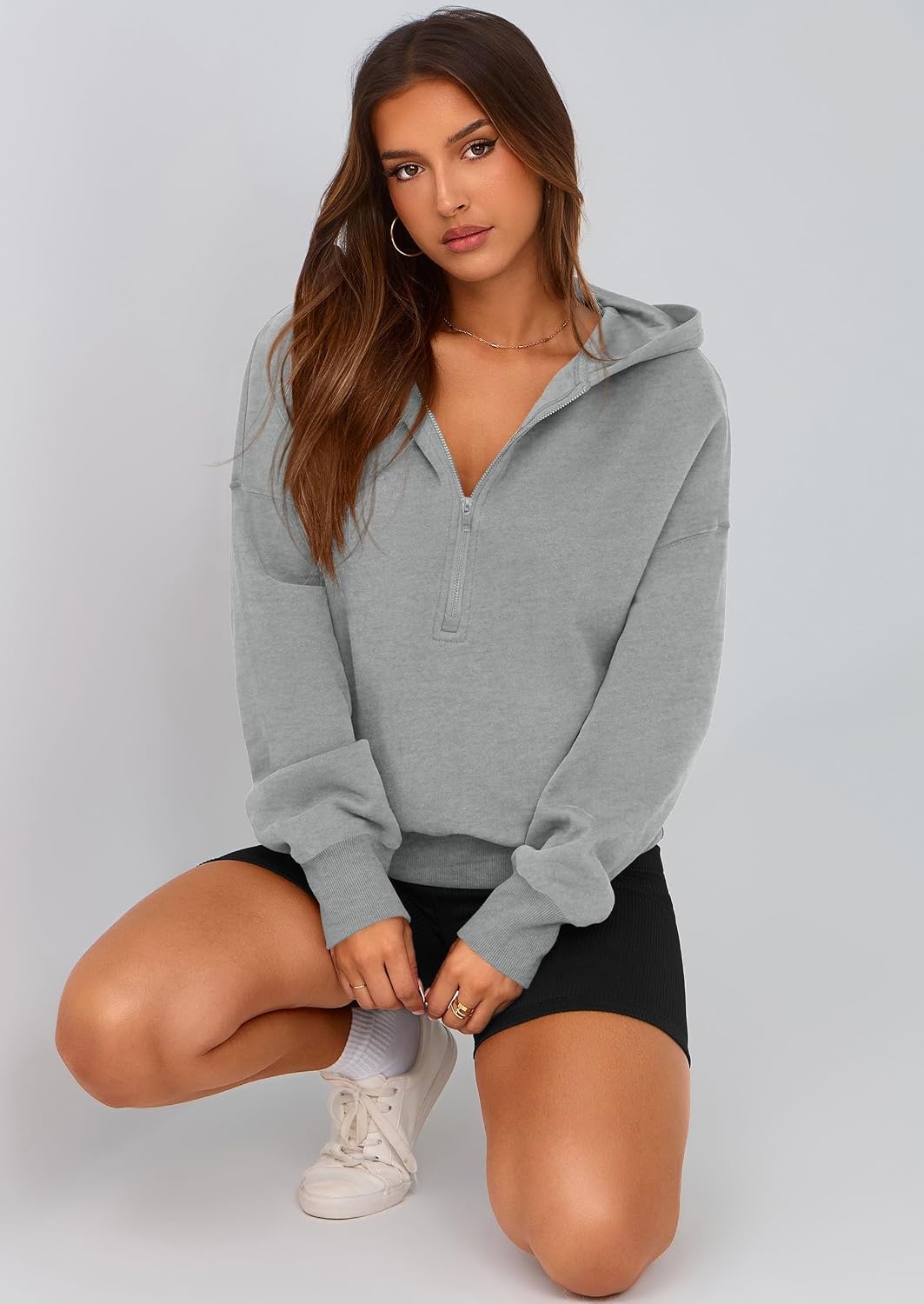 image:imagePRETTYGARDEN Womens Fall Half Zip Cropped Hoodie SweatshirtStyle 3grey