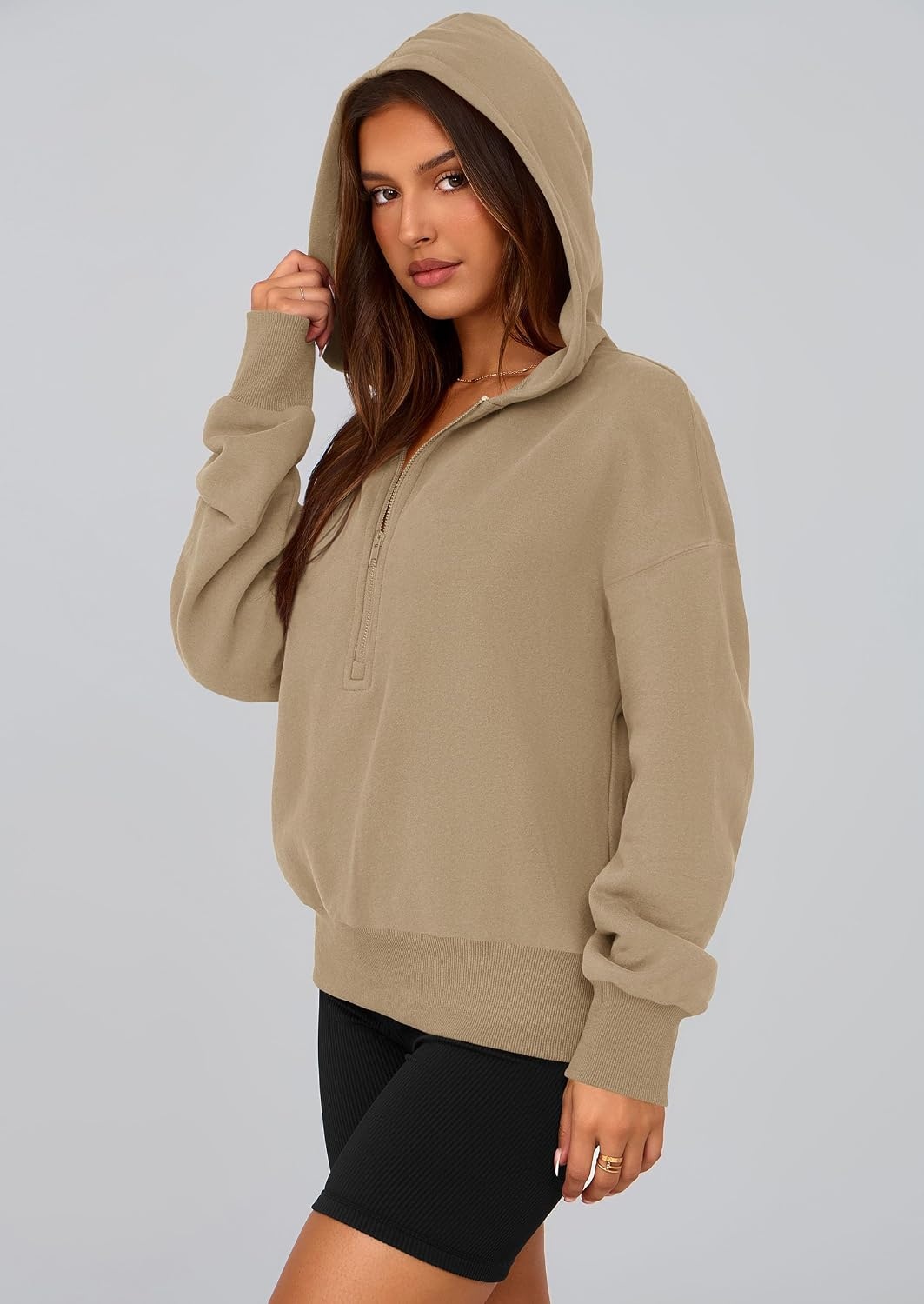 image:imagePRETTYGARDEN Womens Fall Half Zip Cropped Hoodie SweatshirtStyle 3khaki