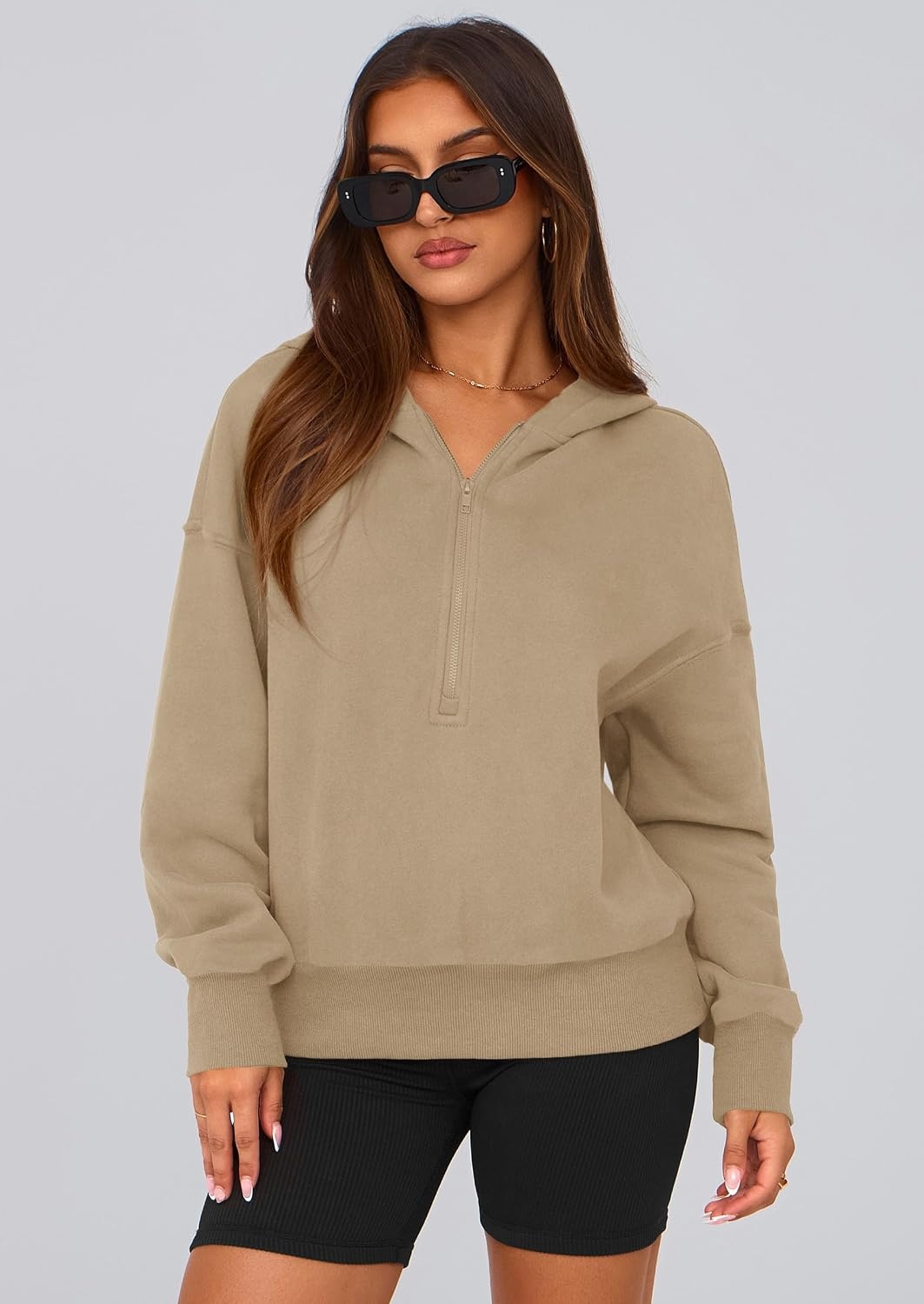 image:imagePRETTYGARDEN Womens Fall Half Zip Cropped Hoodie SweatshirtStyle 3khaki