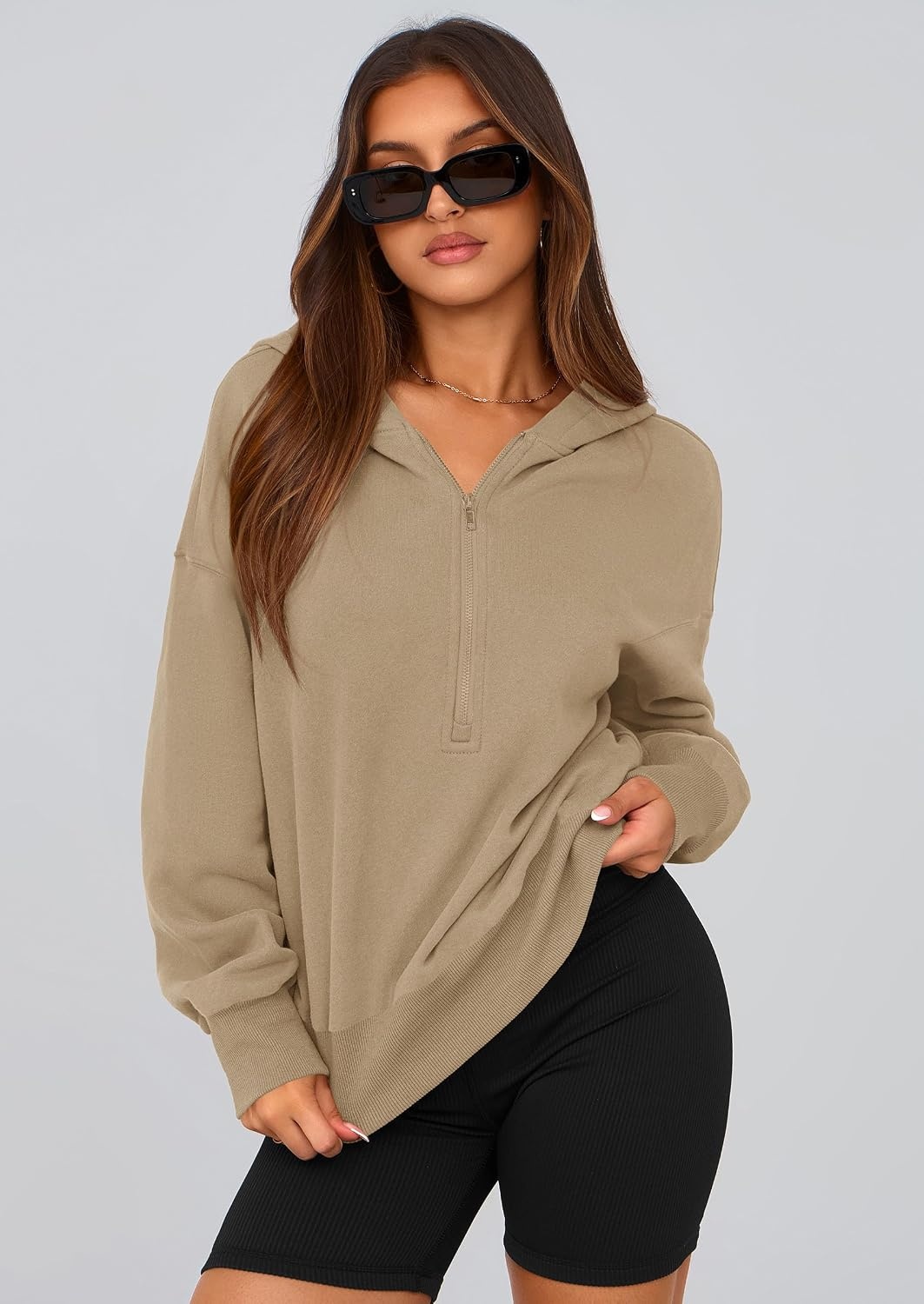 image:imagePRETTYGARDEN Womens Fall Half Zip Cropped Hoodie SweatshirtStyle 3khaki